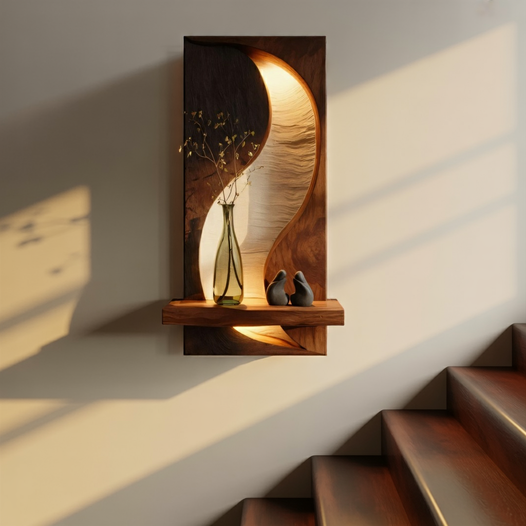 Illuminated Solid Wood Wall Panel with Floating Shelf