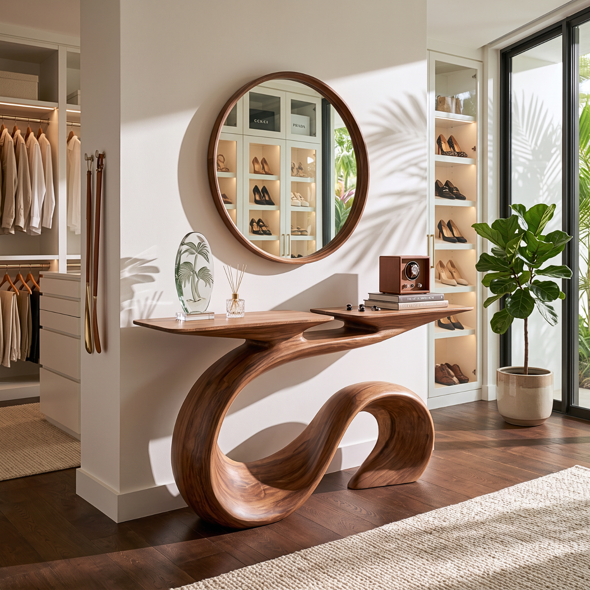 Organic Solid Wood Console Table with Sculptural Wave Base and Flowing S Curve Design