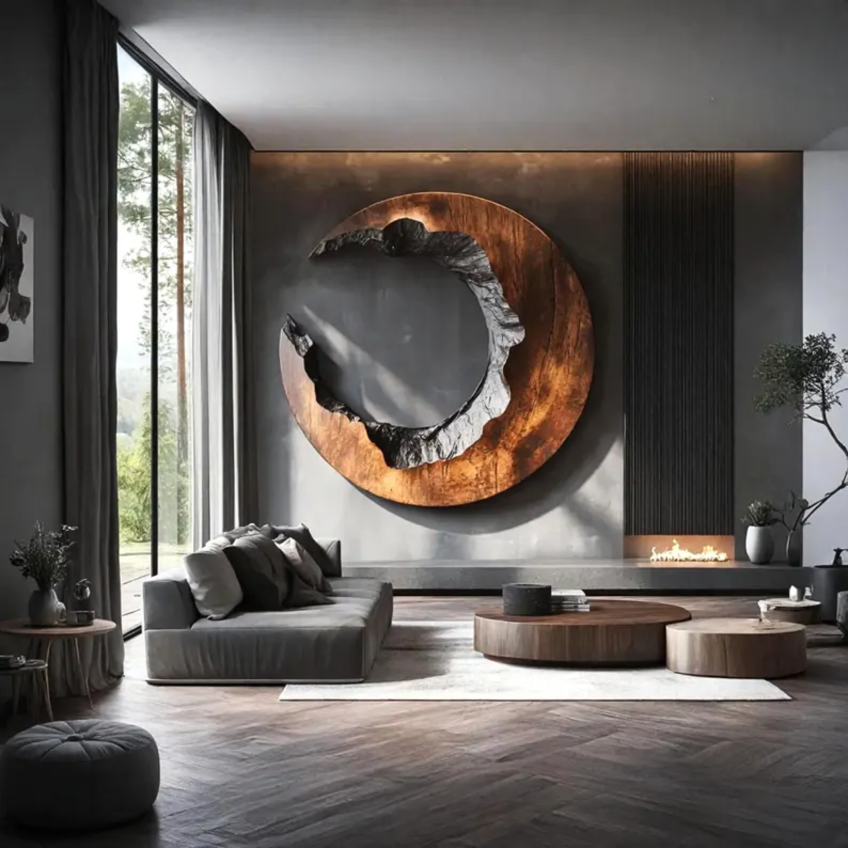 Round Wood Wall Sculpture with Open Center and Raw Carved Edge