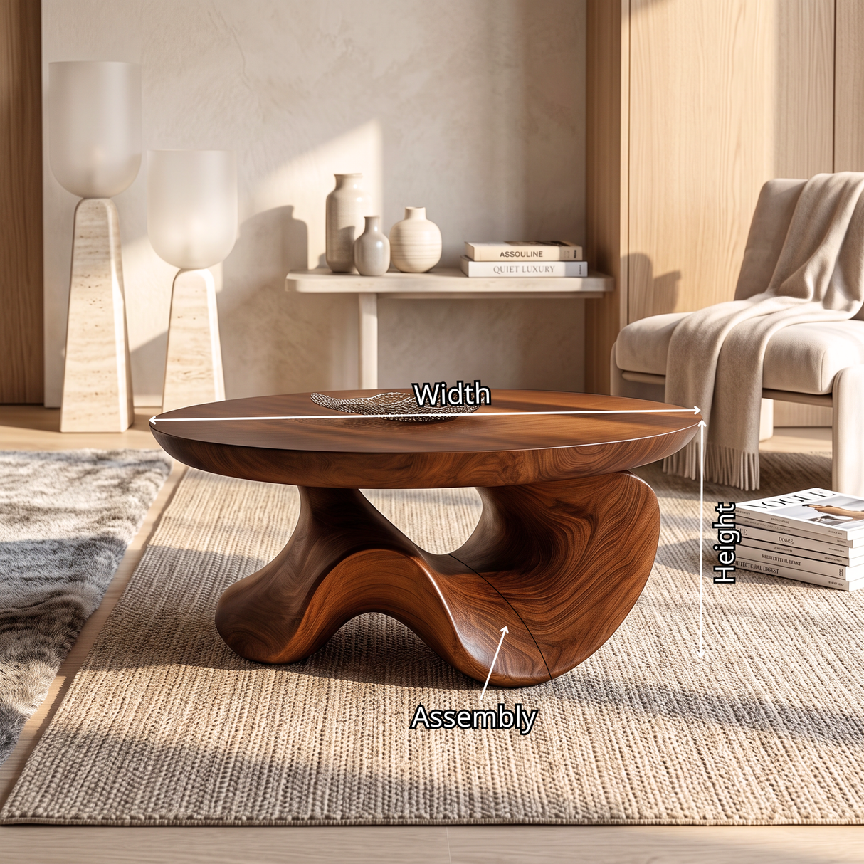 Coffee Table Solid Wood with Sculptural Organic Arch Base for Living Room
