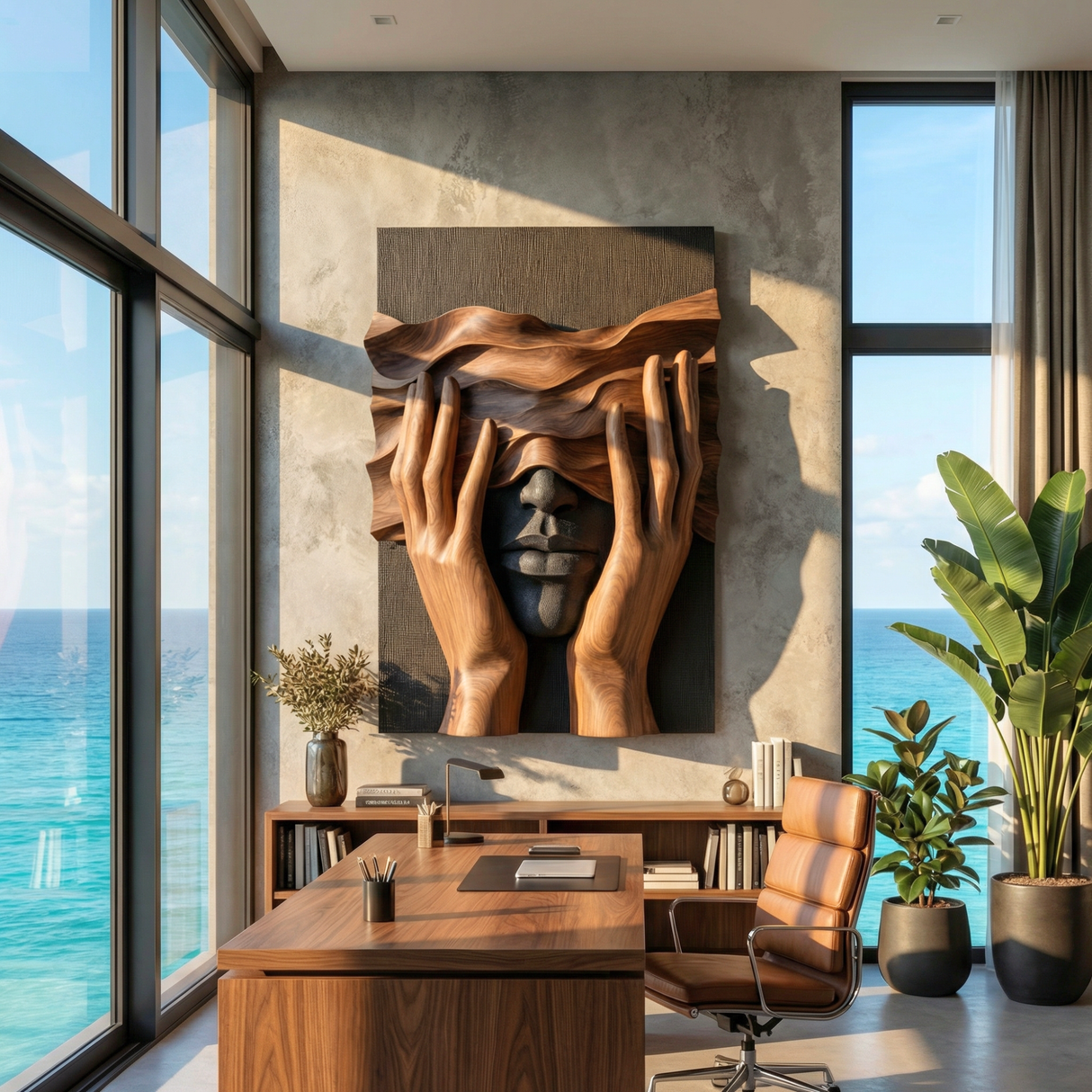 Handcrafted Solid Wood Wall Art Panel with Surreal Portrait and Sculptural Hands Relief