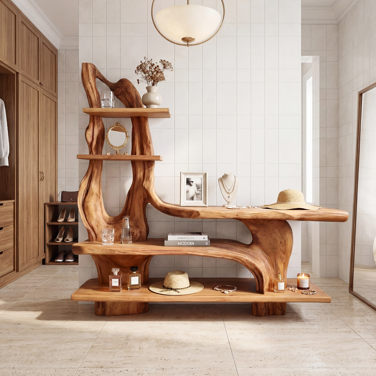 Artistic Solid Wood Console Table with Sculptural Base and Tiered Display Shelves Organic Freeform Console Table