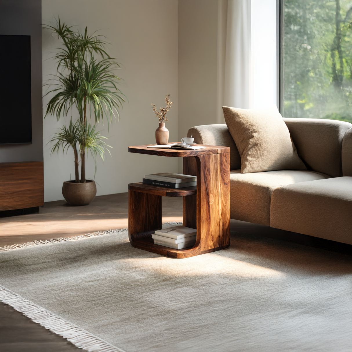 Modern Solid Wood C-Shaped End Table with Storage Shelf