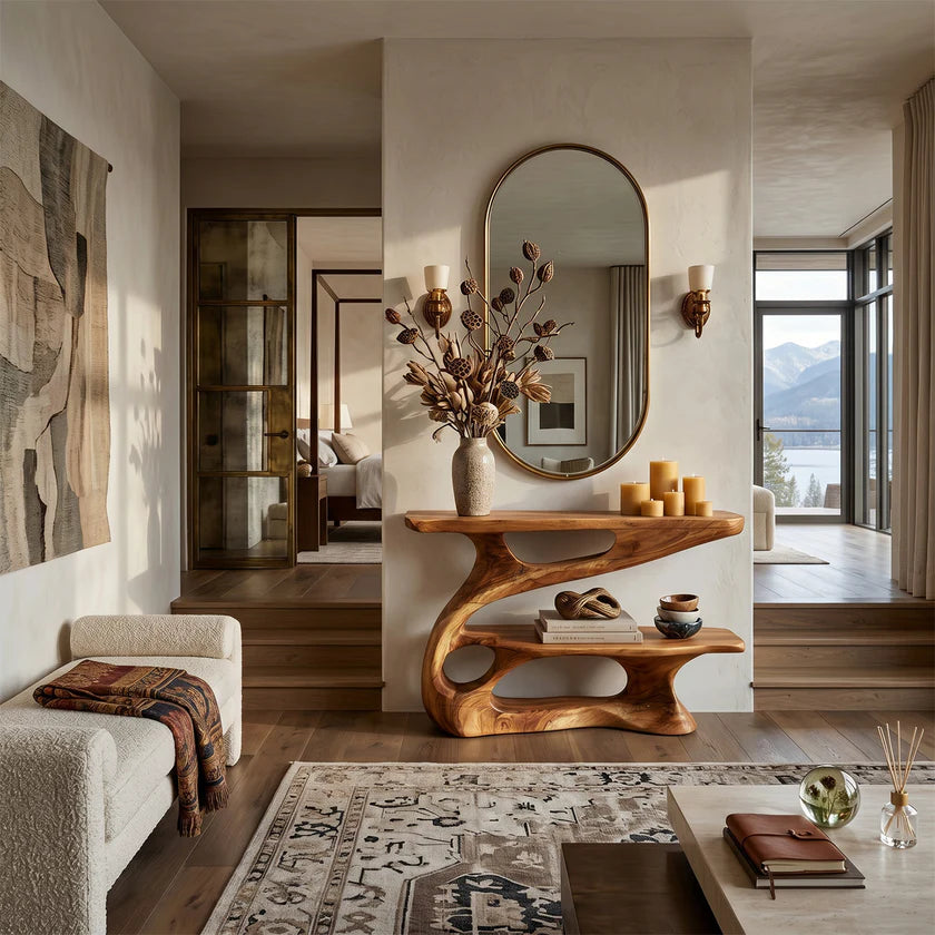 Modern Sculpted Wood Console Table with Open Shelf