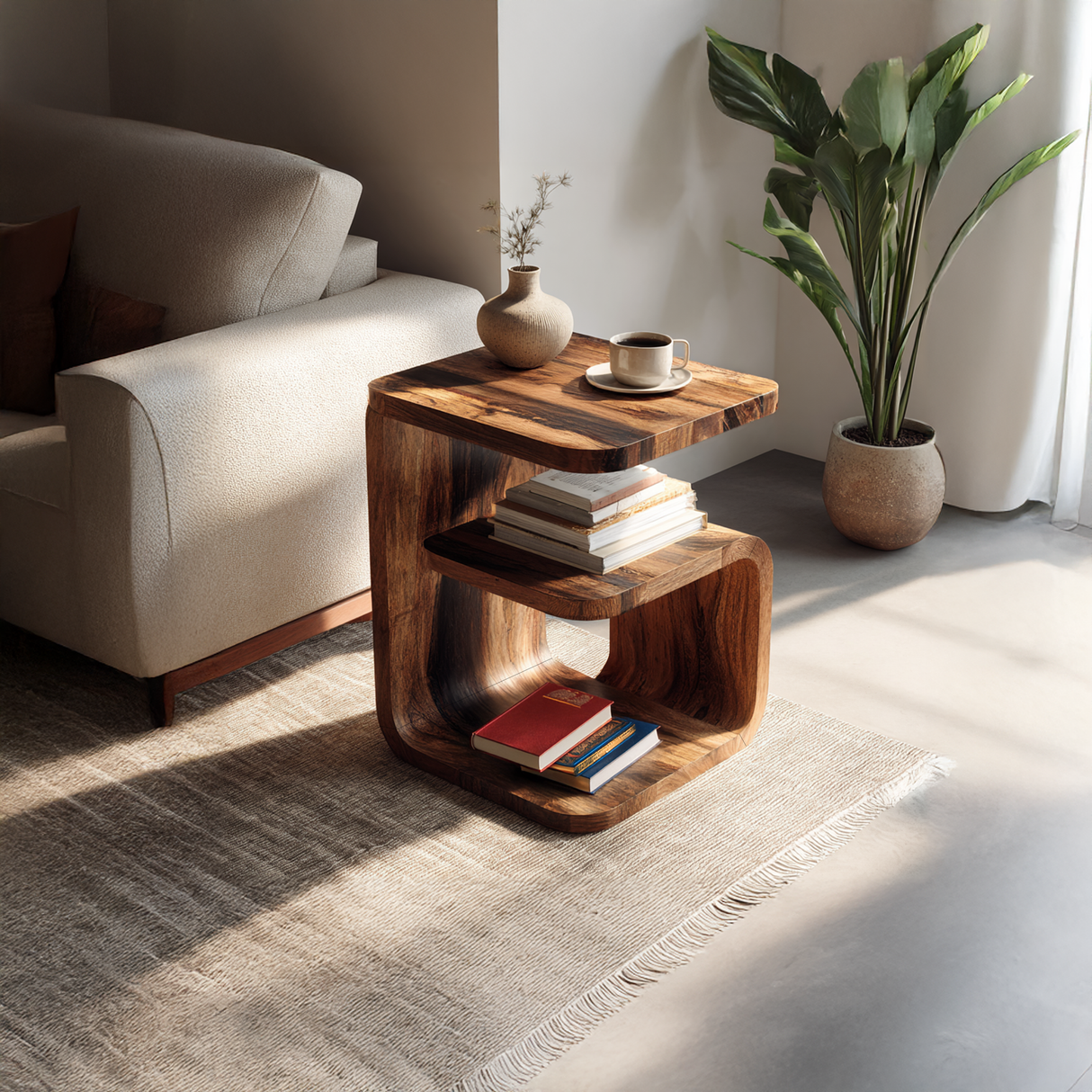 Solid Wood C-Shaped Side Table with Open Shelving