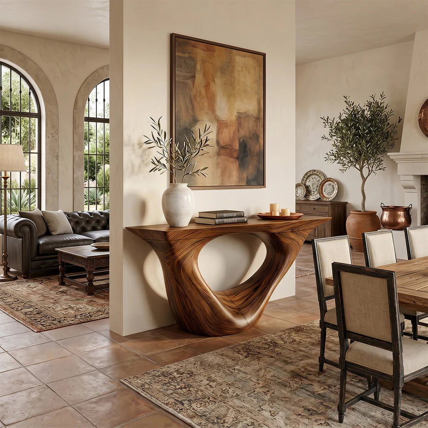 Organic Sculpted Solid Wood Console Table with Architectural Base