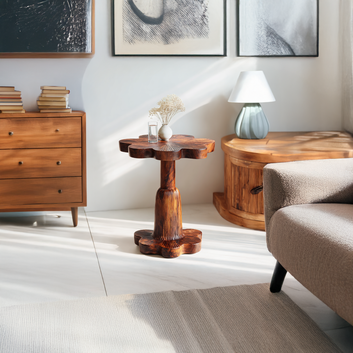 Carved Solid Wood Pedestal Table for Artistic Interiors