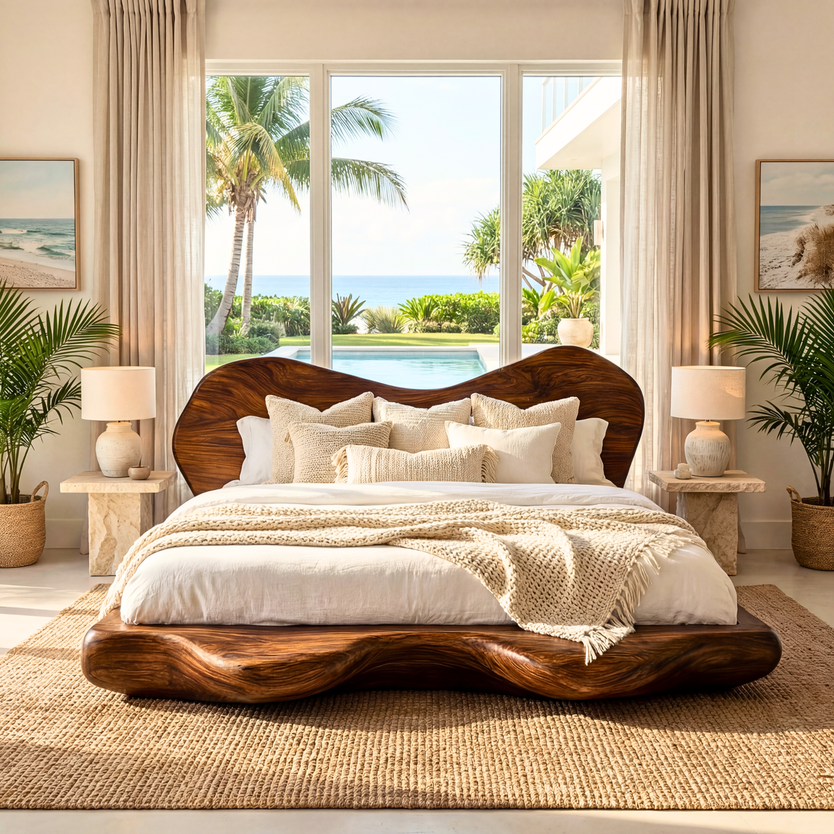 Organic Solid Wood Bed with Sculptural Curved Headboard and Platform Base