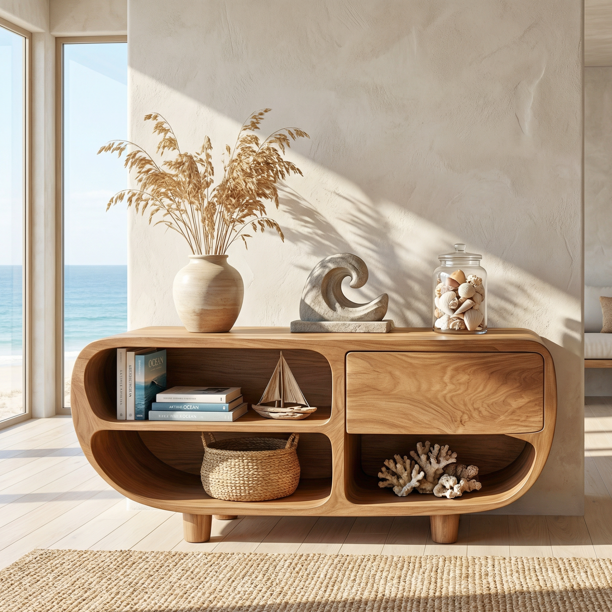 Solid Wood Sideboard with Rounded Open Shelves for Organic Modern Interiors