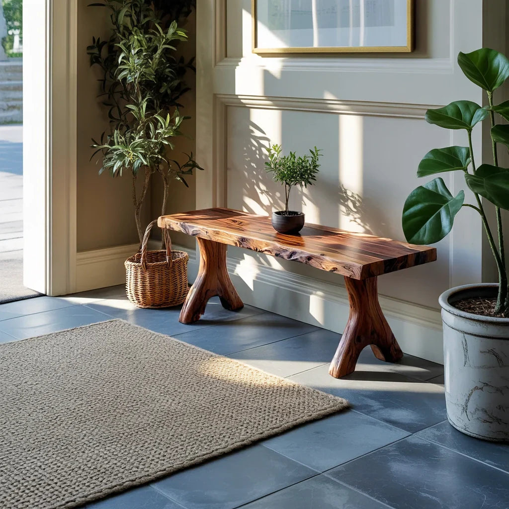 Live Edge Solid Wood Bench with Sculpted Legs for Modern Entryway