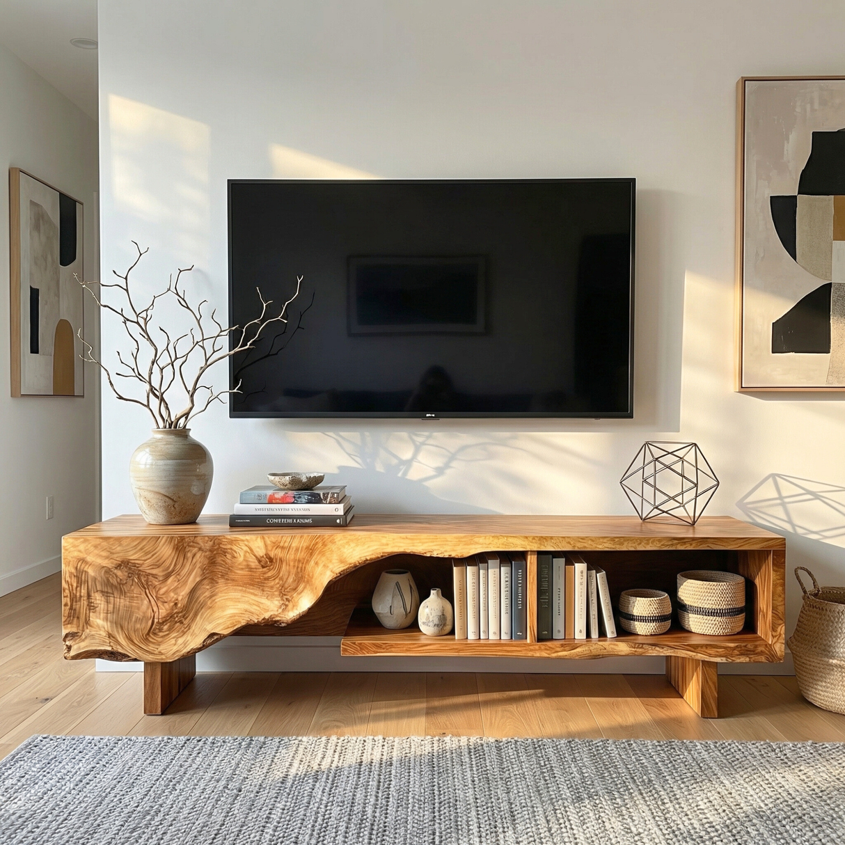 Solid Wood TV Cabinet with Organic Carved Front for Modern Living Room