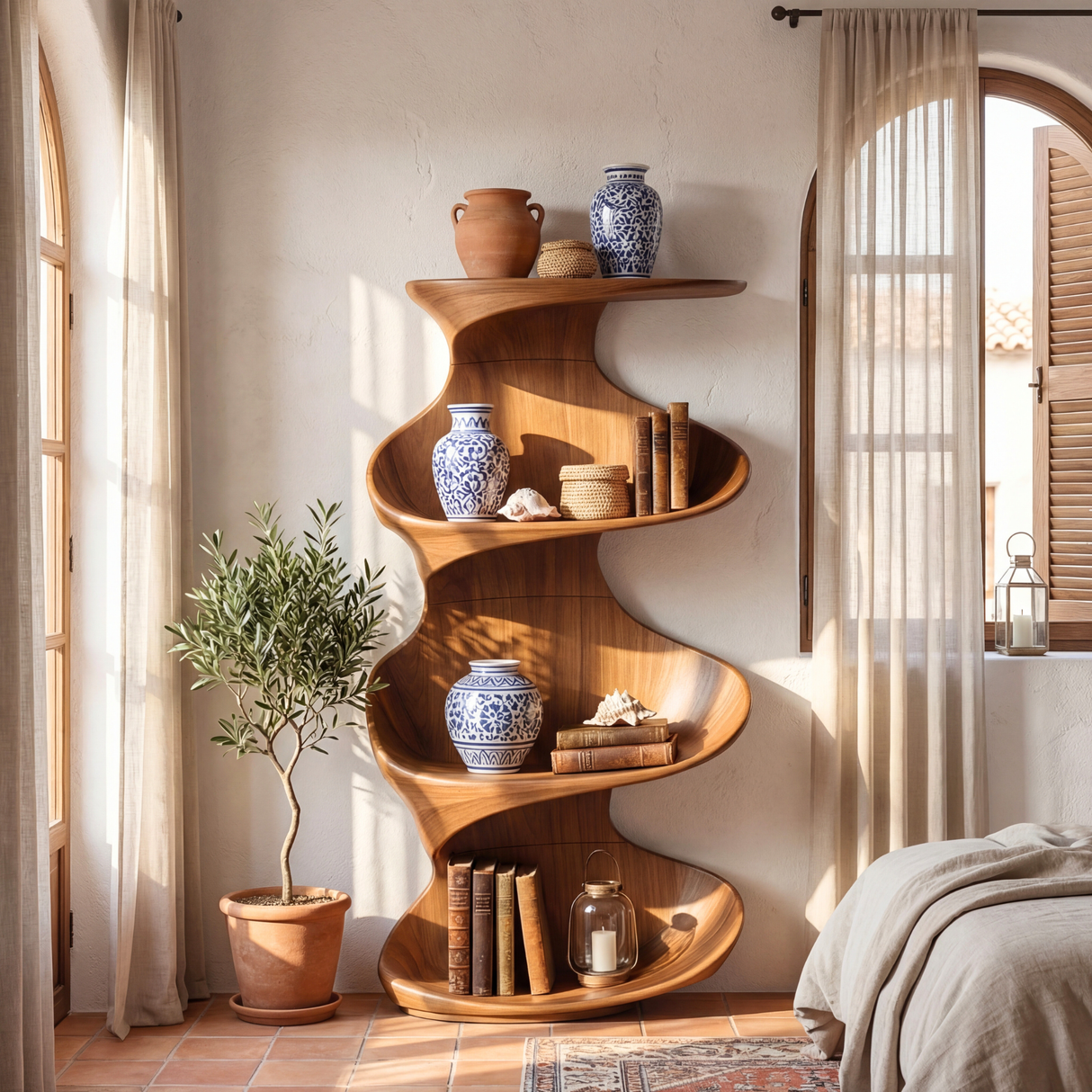Twisted Wood Display Shelf with Tiered Open Shelves