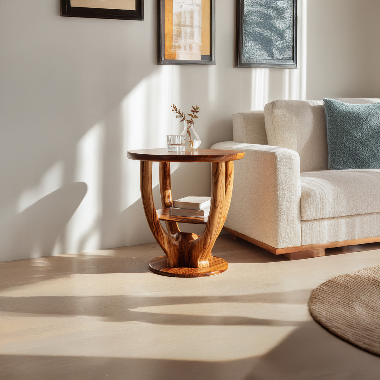 Round Solid Wood End Table with Sculpted Open Base