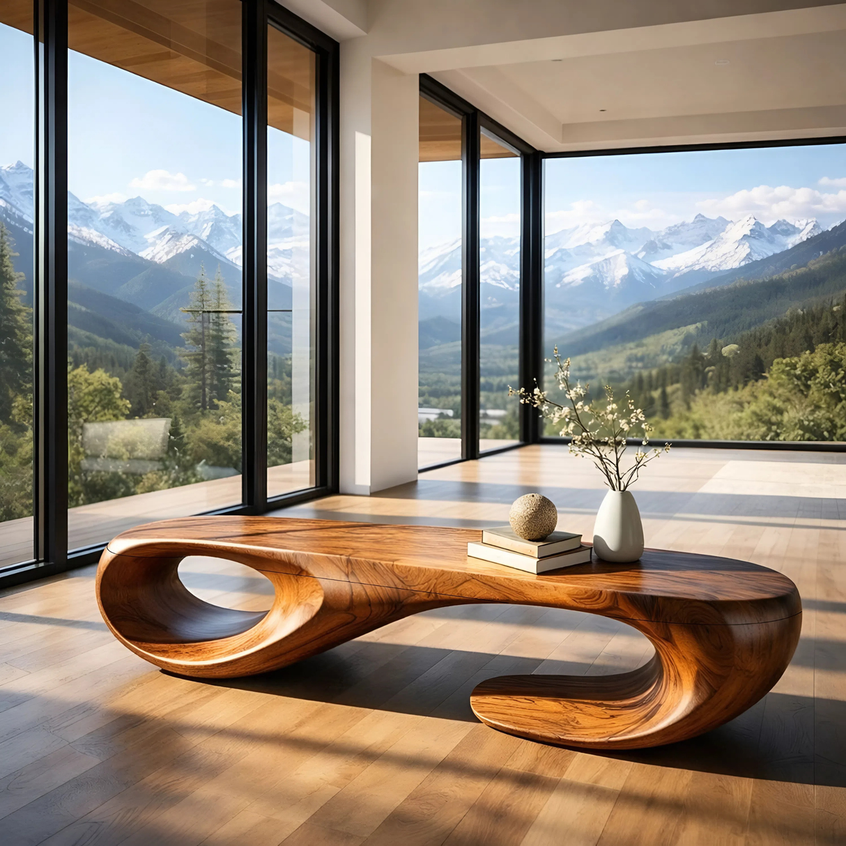 Organic Solid Wood Bench with Sculptural Double Loop Base for Modern Interiors