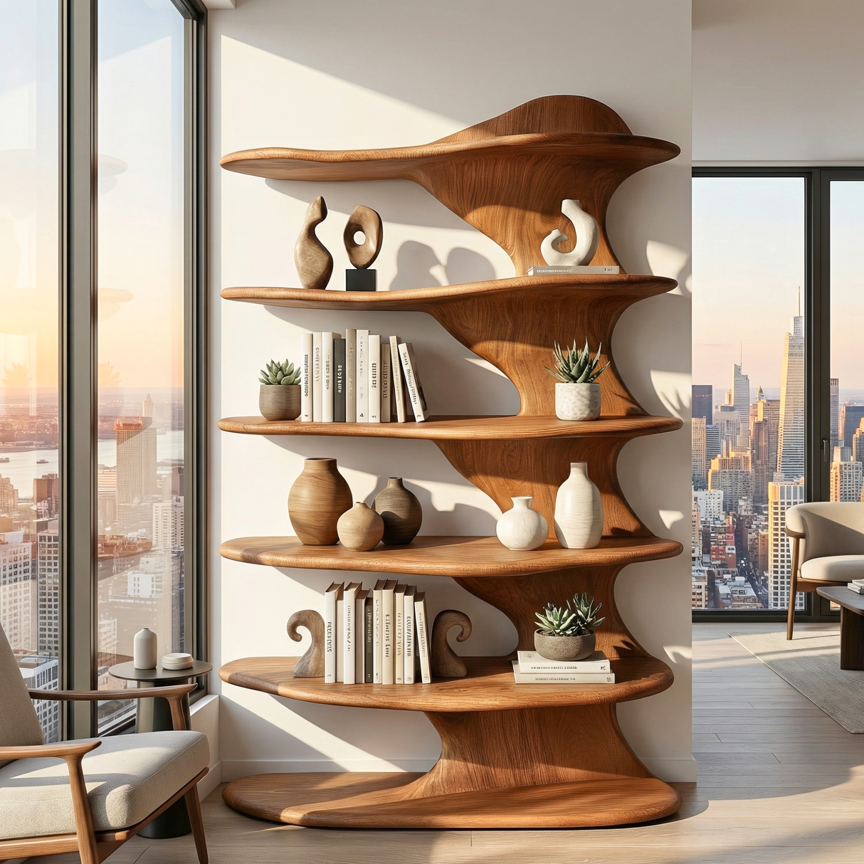 Organic Curved Solid Wood Bookshelf for Minimalist Interiors