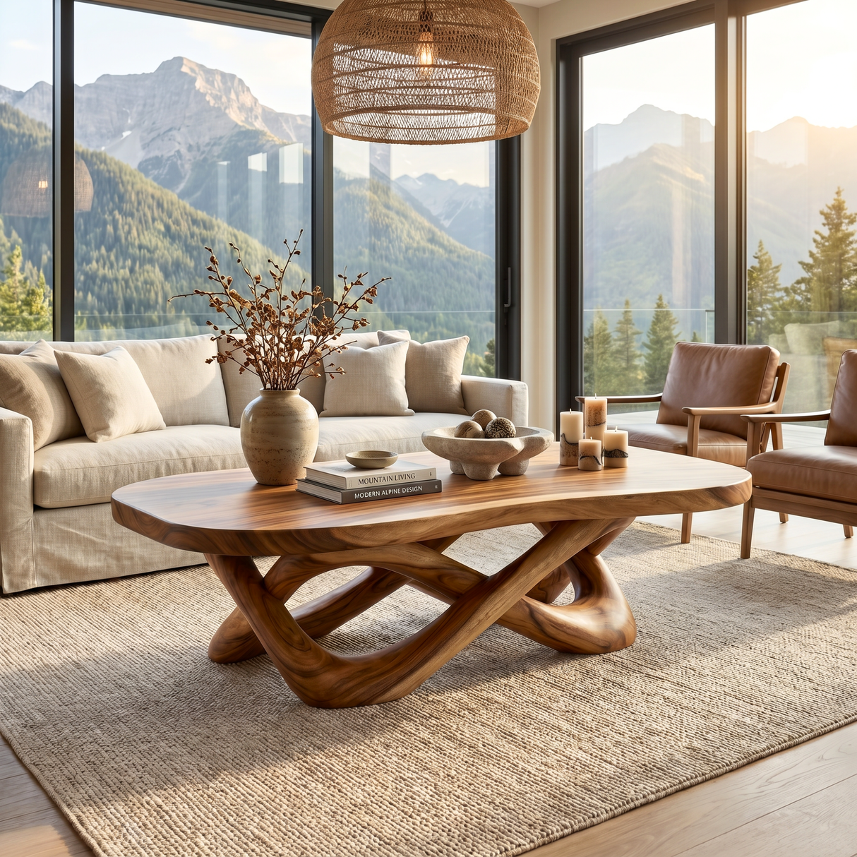 Handcrafted Solid Wood Coffee Table with Interwoven Sculptural Base and Rounded Top
