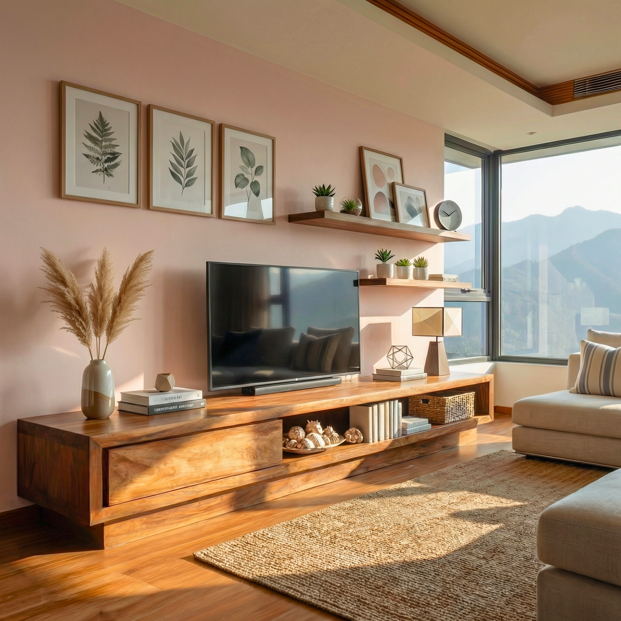 Solid Wood TV Cabinet with Open Shelf Storage for Modern Living Rooms