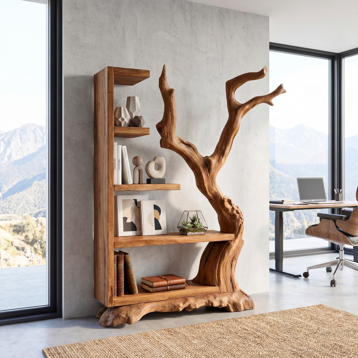 Tall Solid Wood Bookshelf with Sculptural Tree Form Organic Modern Display Shelf