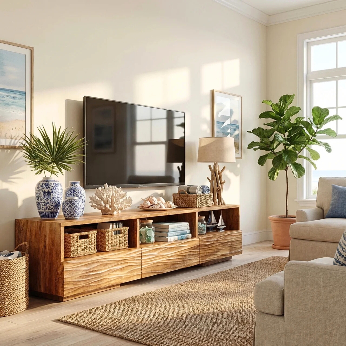 Sculptural Wood TV Cabinet with Carved Wave Front for Coastal Modern Interiors