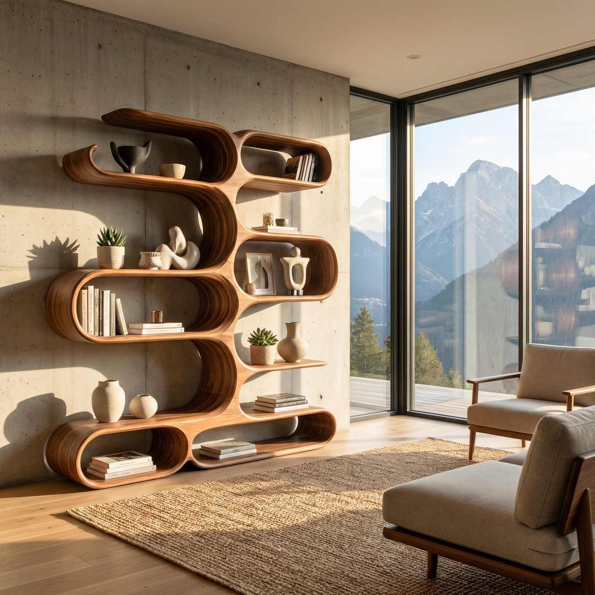 Handcrafted Solid Wood Organic Wall Bookcase with Curved Open Shelves