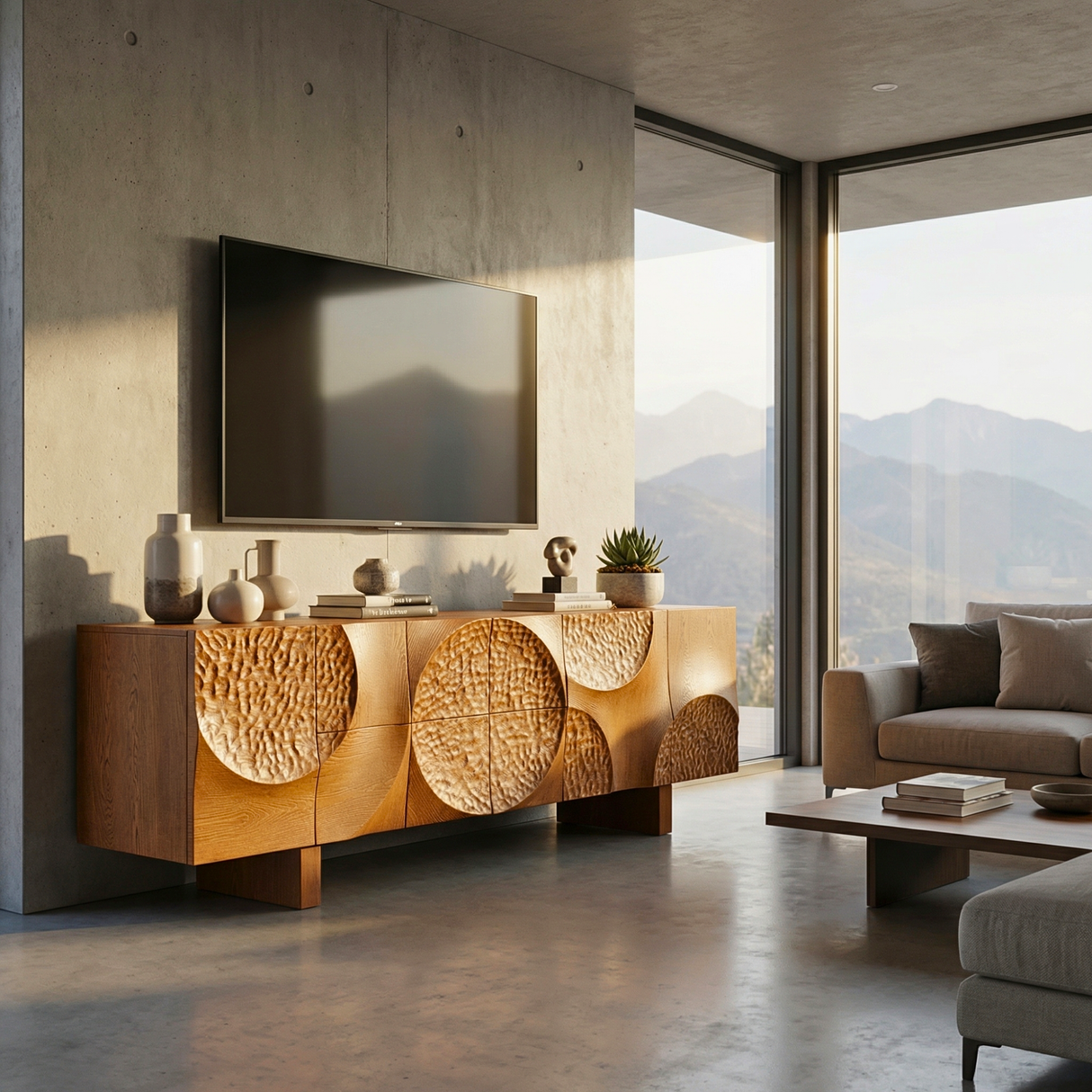 Solid Wood TV Cabinet with Sculptural Carved Doors for Organic Modern Interiors