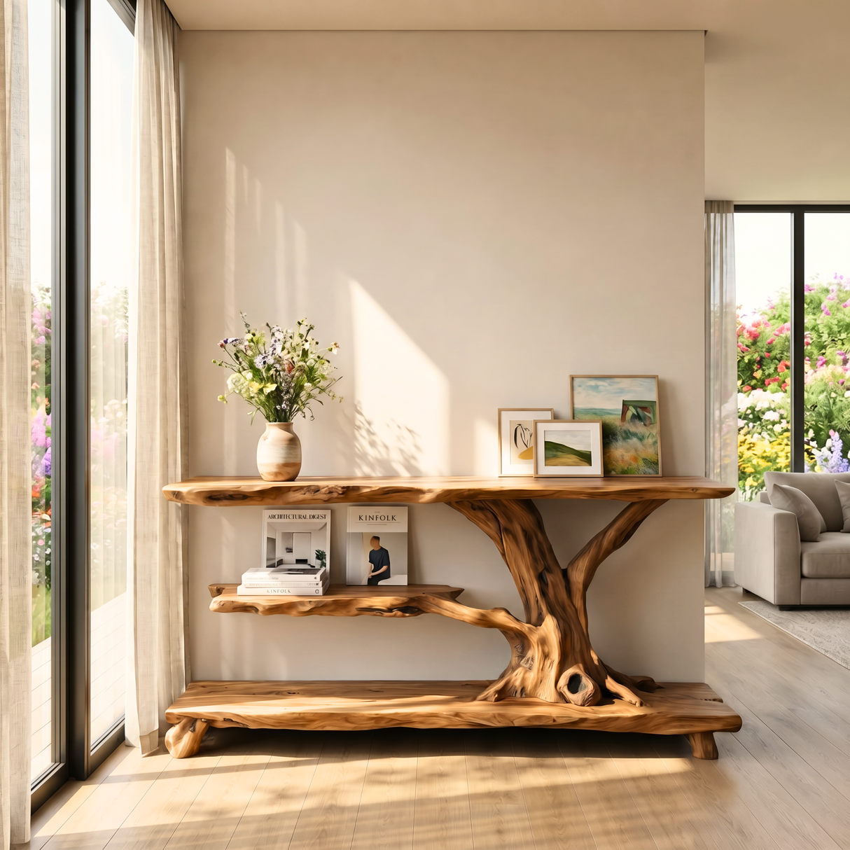 Handmade Tree Branch Console Table Organic Wooden Entryway Shelf