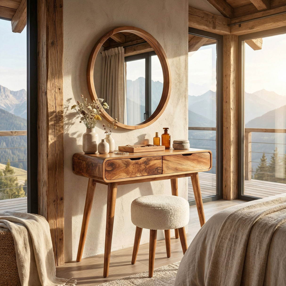 Rounded Wood Vanity Table with Two Drawers, Minimalist Dressing Table for Modern Bedrooms