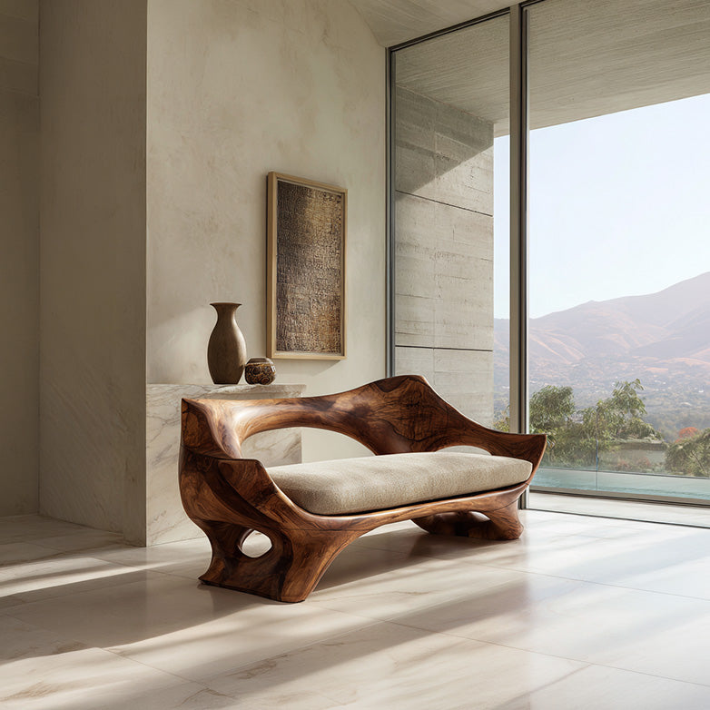 Organic Sculptural Solid Wood Bench with Cushion Handcrafted Modern Artistic Seating