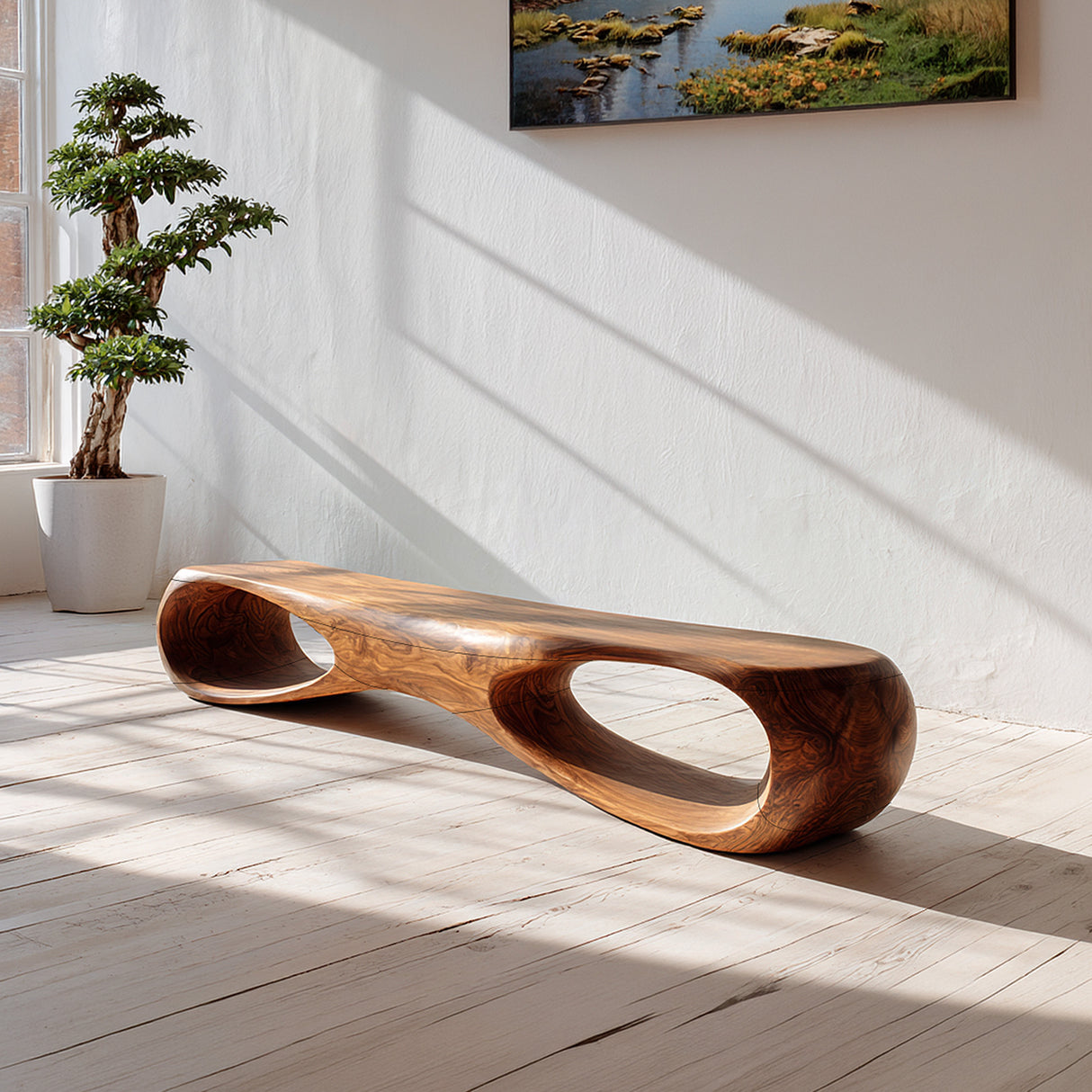 Sculptural Solid Wood Bench with Organic Hollow Design