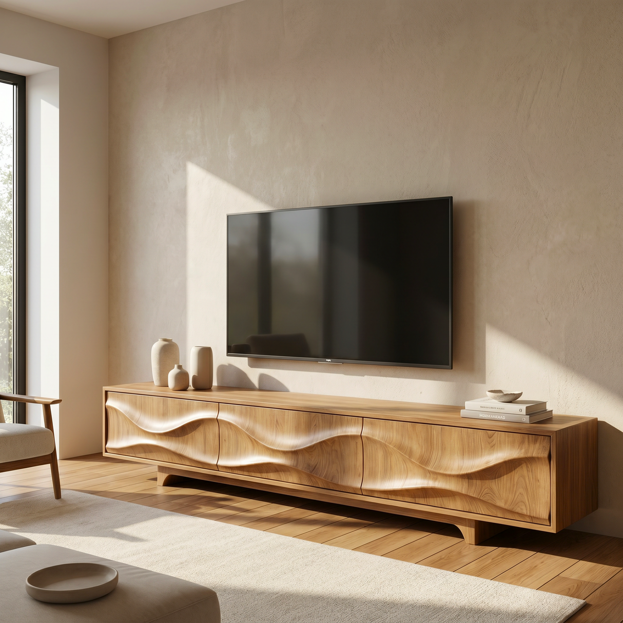 Solid Wood TV Console with Flowing Wave Carved Doors