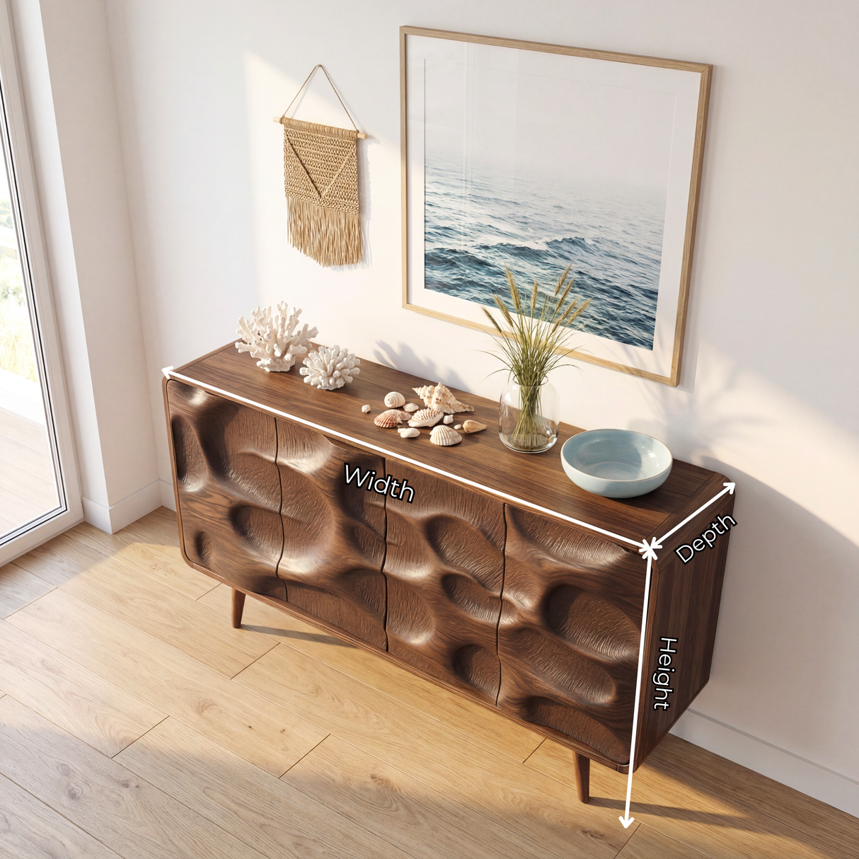 Organic Carved Front Solid Wood Sideboard Cabinet for Living and Dining Rooms