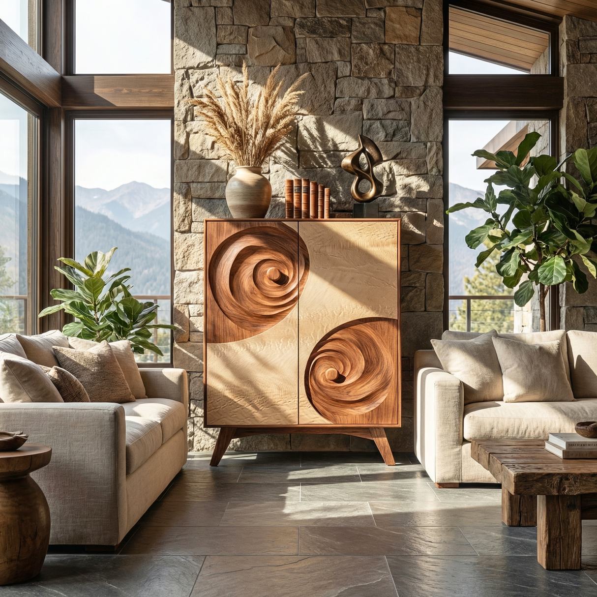 Solid Wood Sculptural Cabinet with Spiral Carved Relief Doors for Modern Interiors