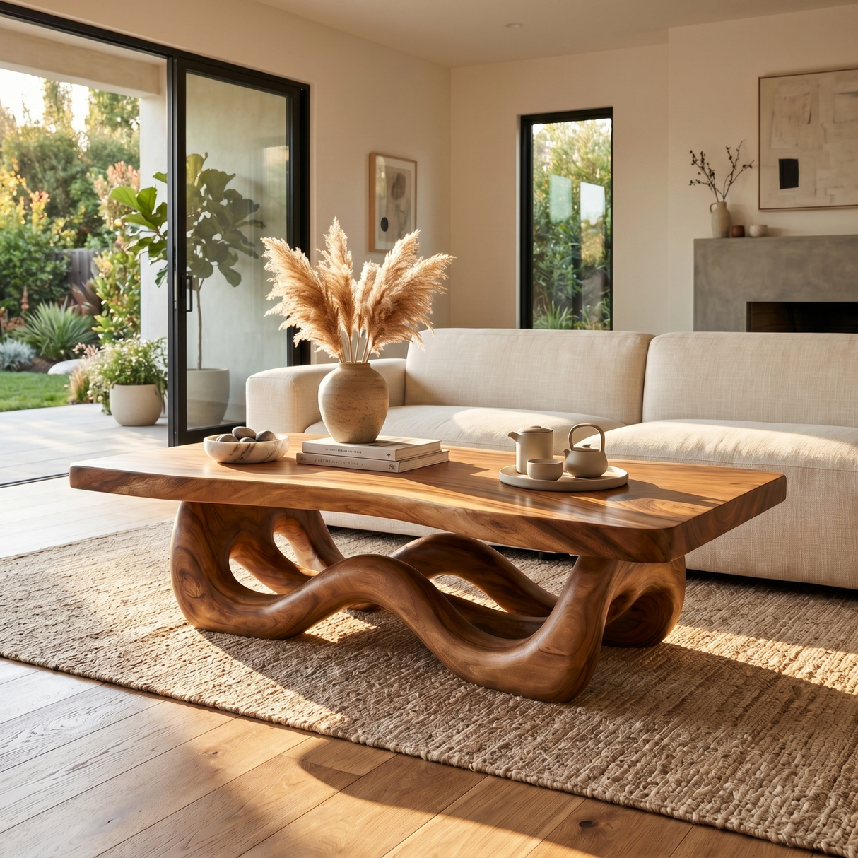 Solid Wood Coffee Table with Ribbon-Like Sculptural Base