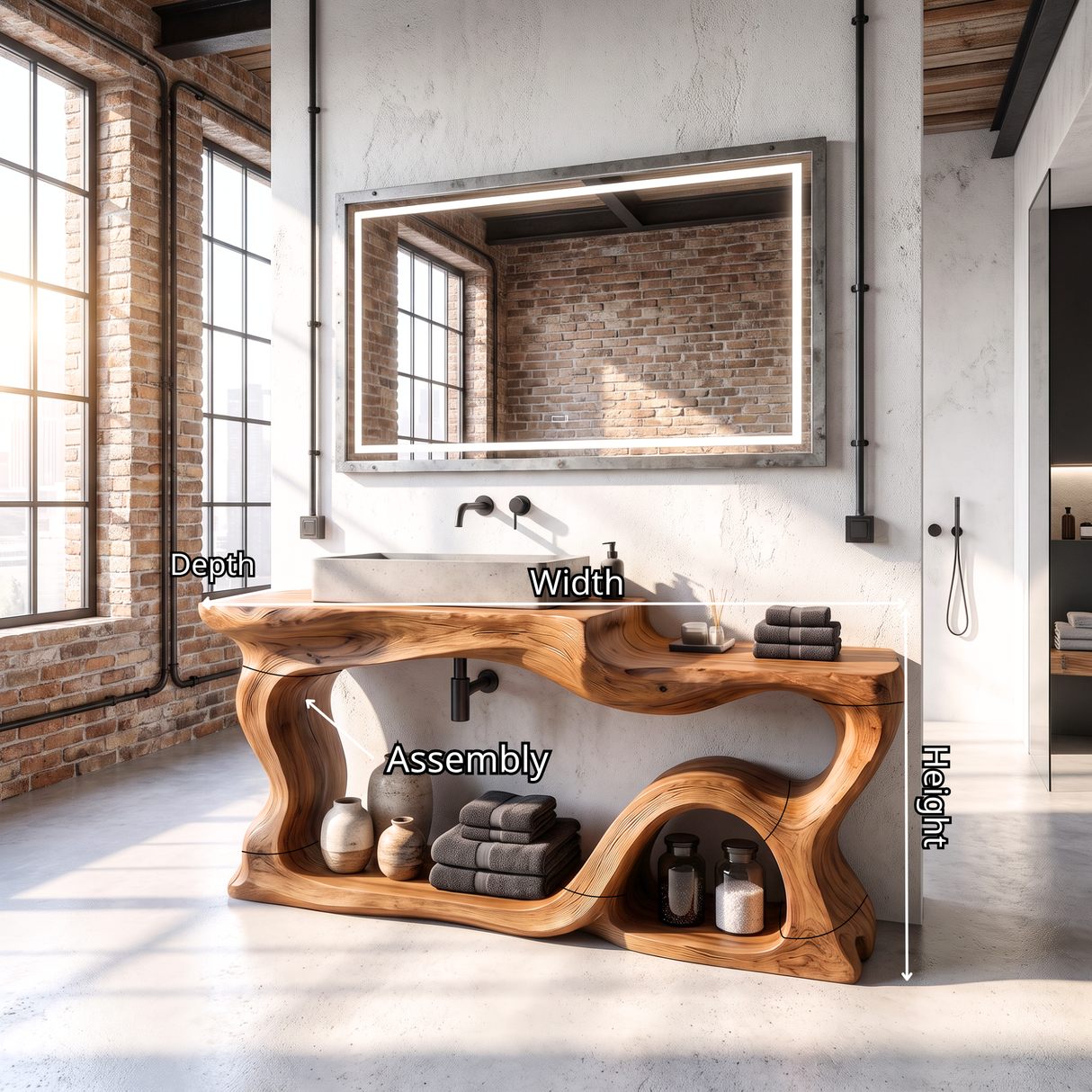 Bathroom Vanity Solid Wood with Sculptural Wave Frame and Open Storage