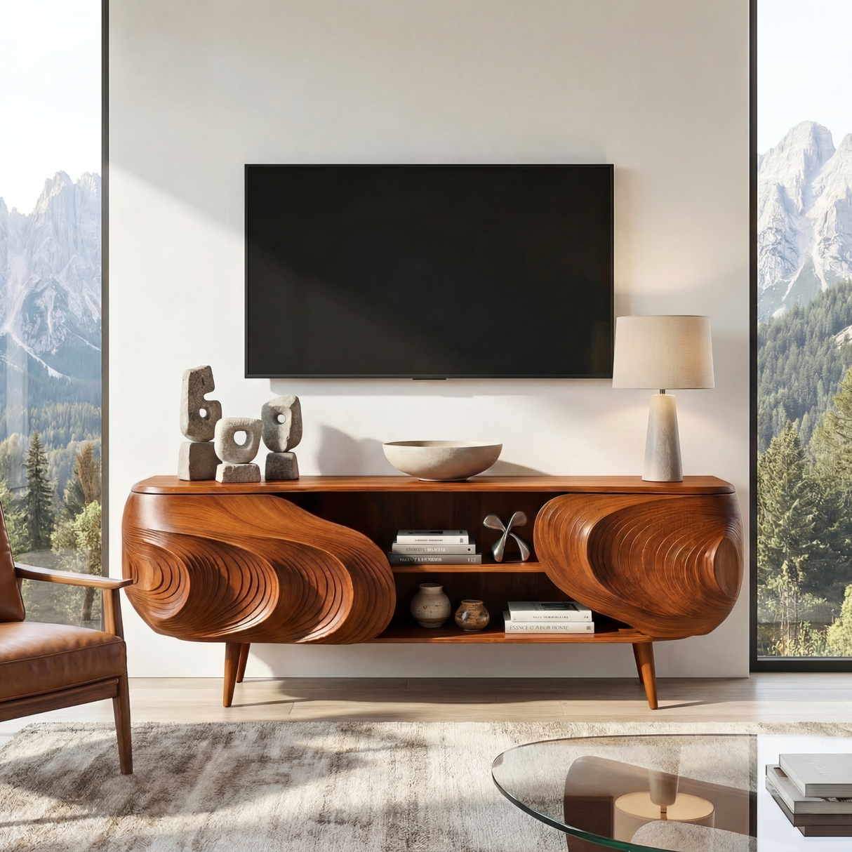 Sculptural Wood TV Cabinet with Carved Organic Front, Modern Media Console for Luxury Living Rooms