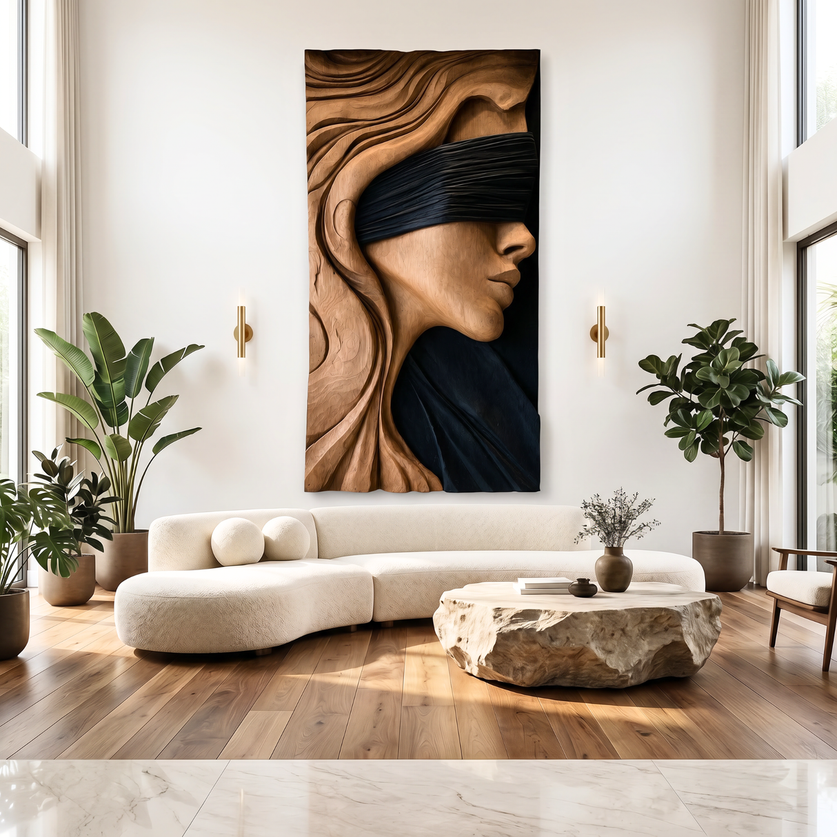 Handmade Blindfold Woman Wooden Wall Sculpture Panel