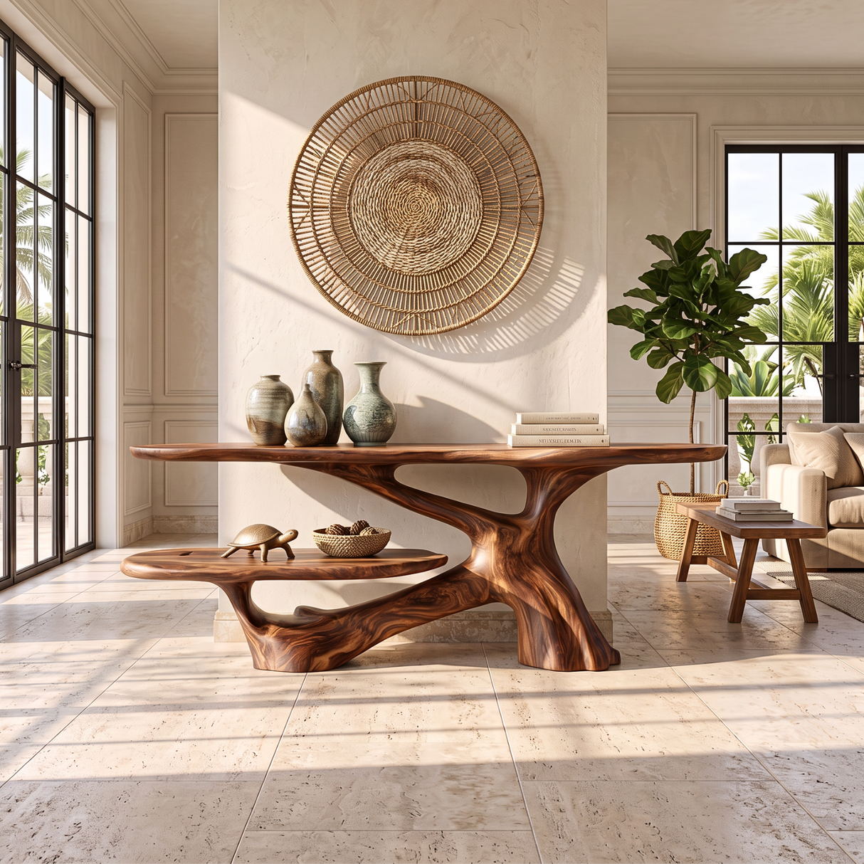 Console Table Solid Wood with Two Tier Shelf and Sculptural Branch Base