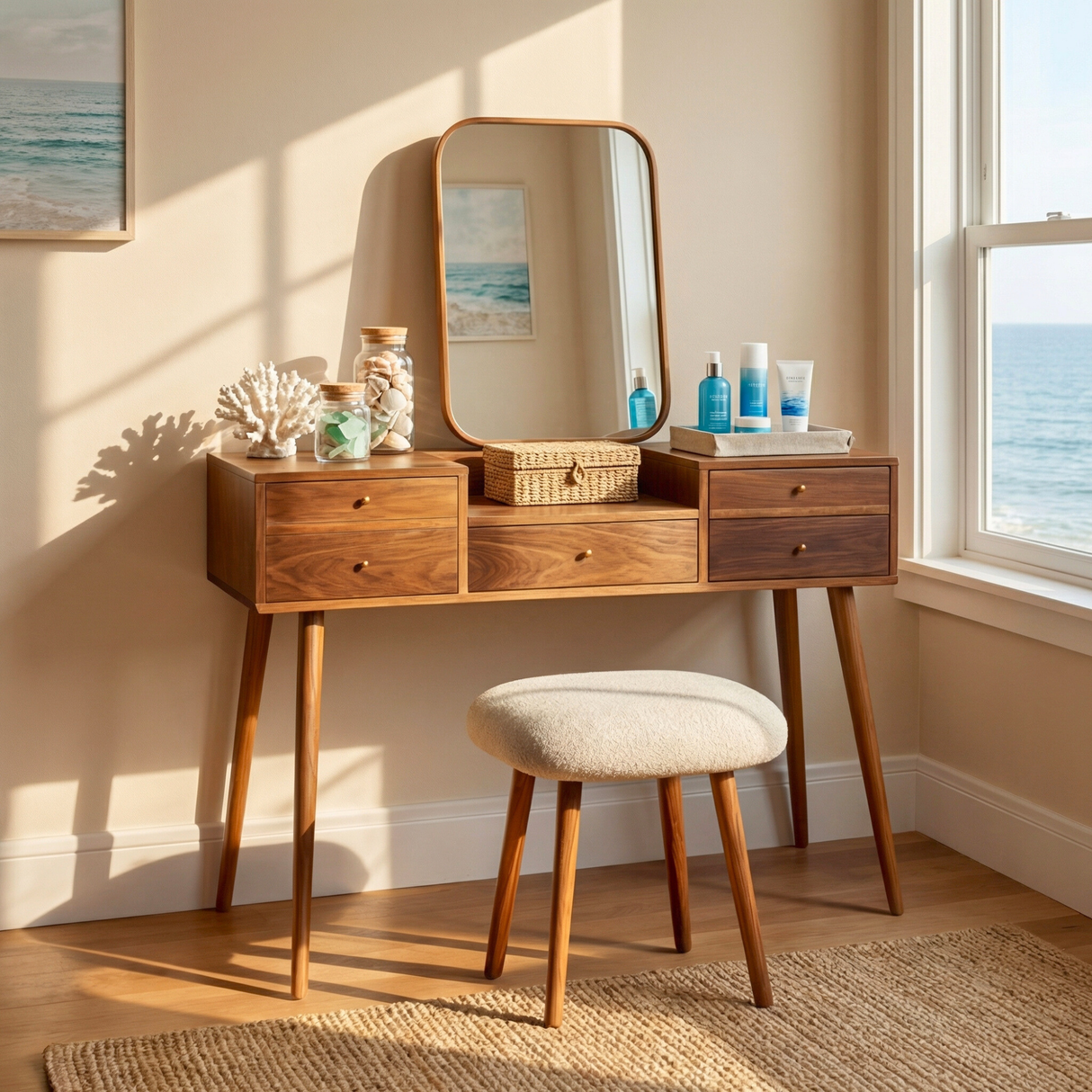 Mid Century Modern Wood Vanity Table with Drawers for Minimalist Bedrooms