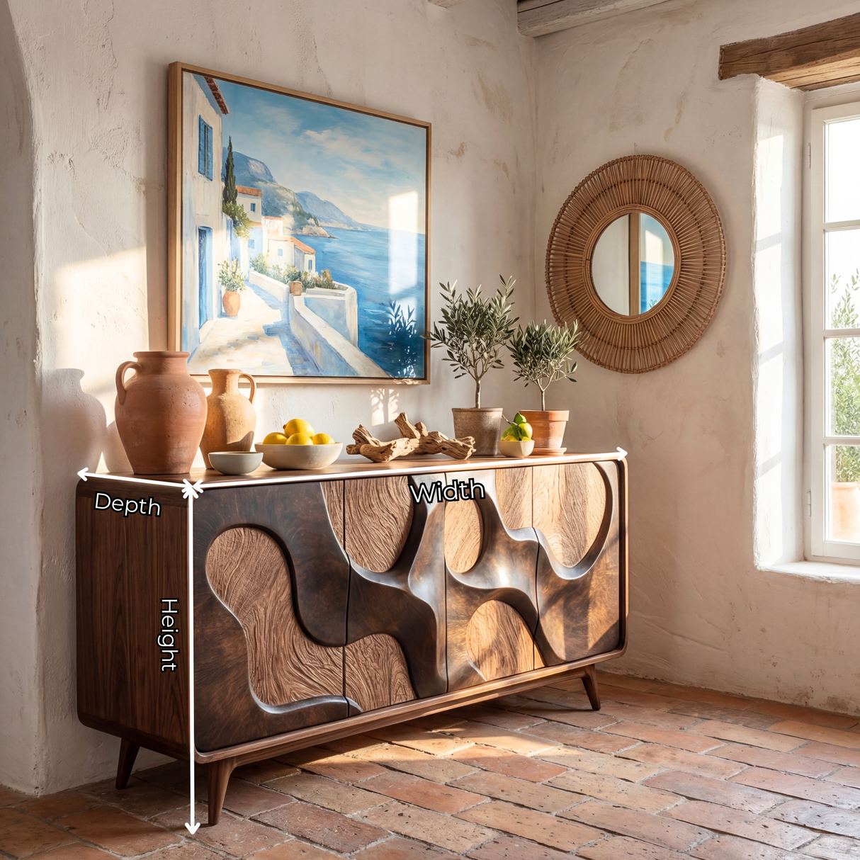 Organic Relief Front Sideboard in Carved Solid Wood for Living and Dining