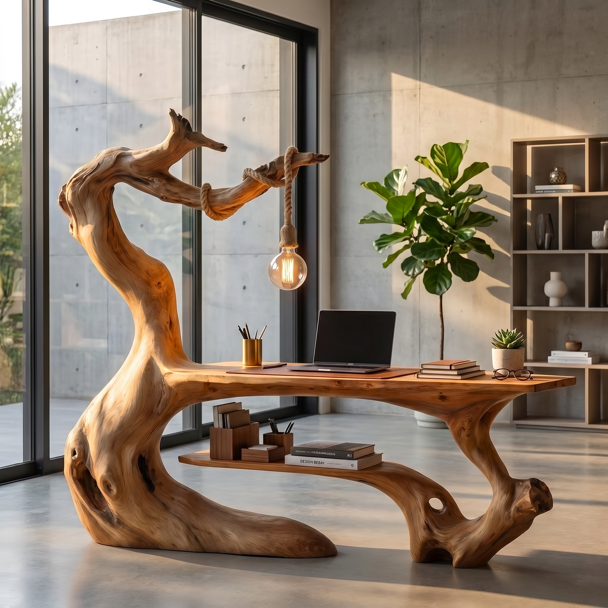 Organic Wood Desk With Hanging Lamp Sculptural Modern Workspace Furniture