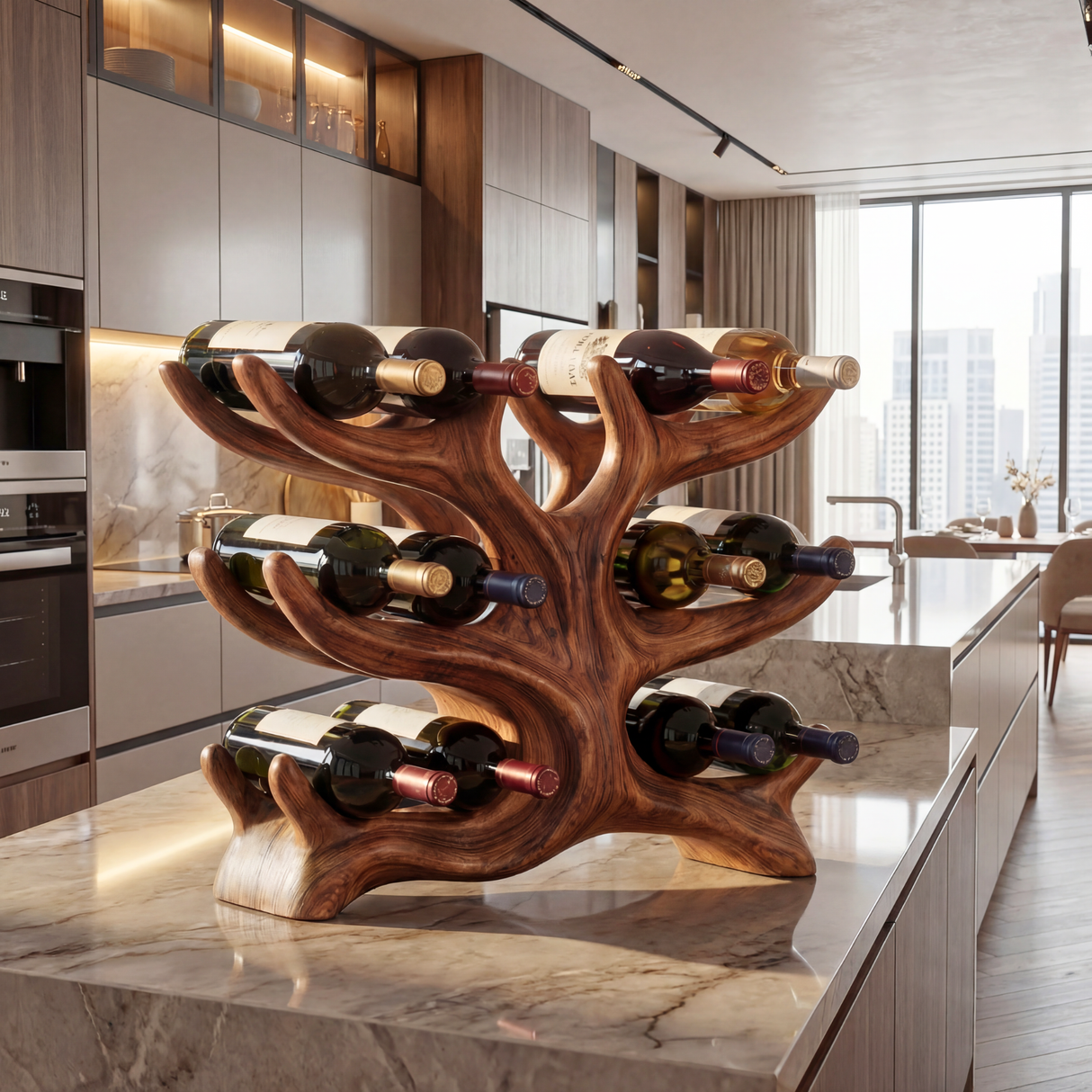 Tree Form Solid Wood Wine Rack Sculptural Multi Level Bottle Holder for Tabletop Storage