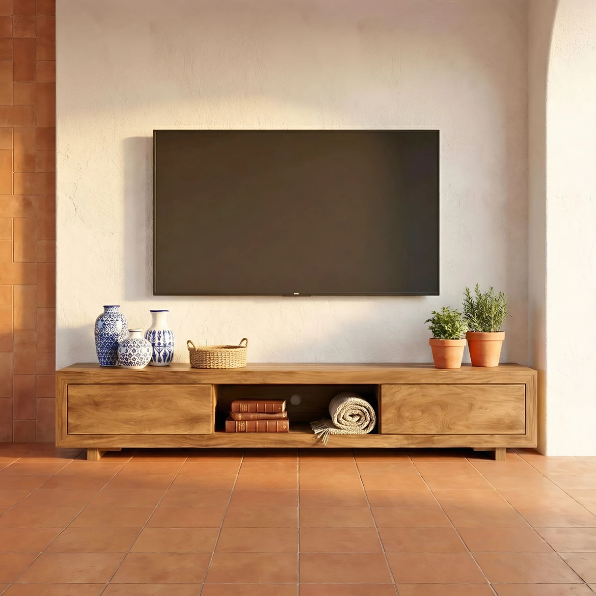 Solid Wood Low Profile TV Cabinet with Open Center Shelf