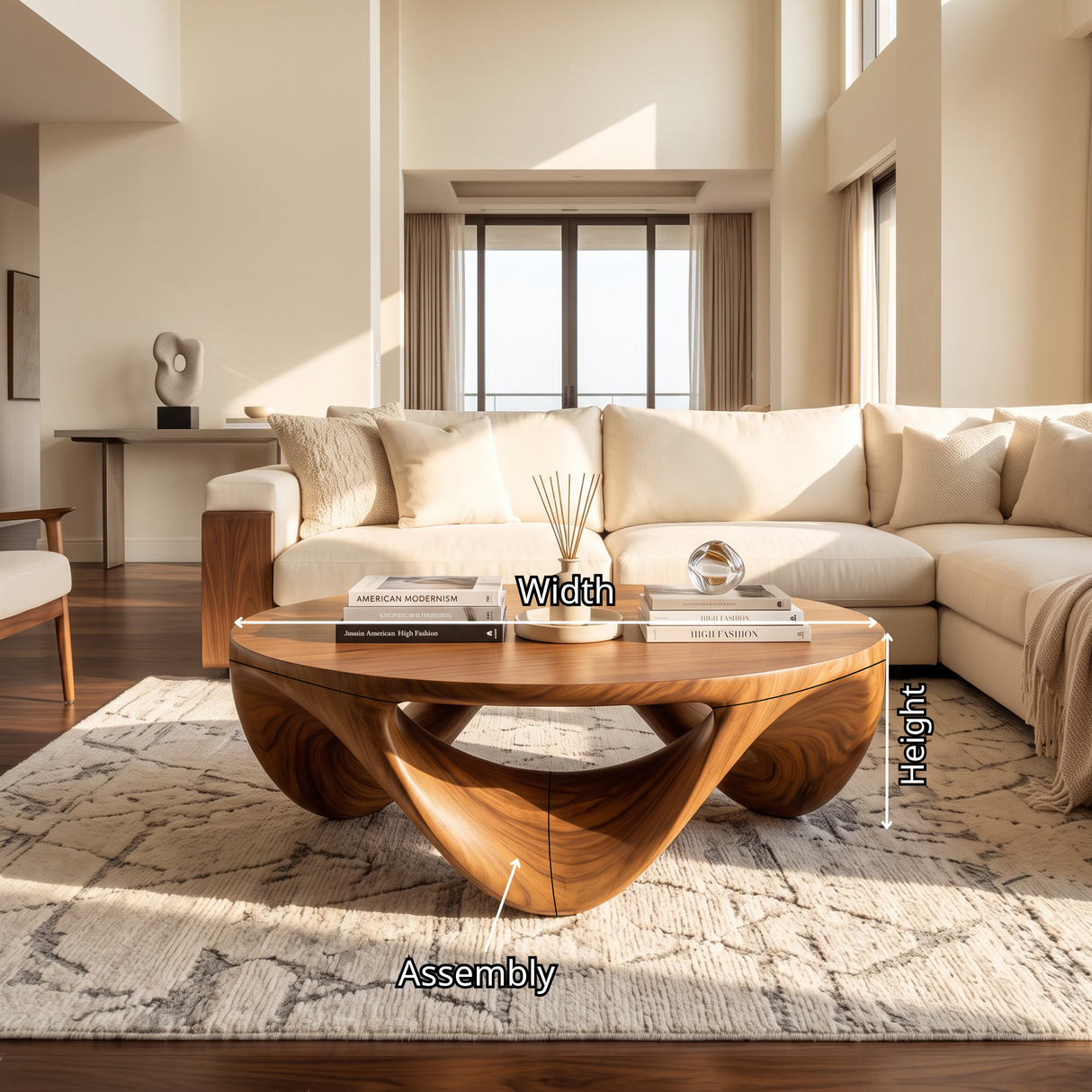 Coffee Table Solid Wood with Sculptural Triple Loop Base for Living Room