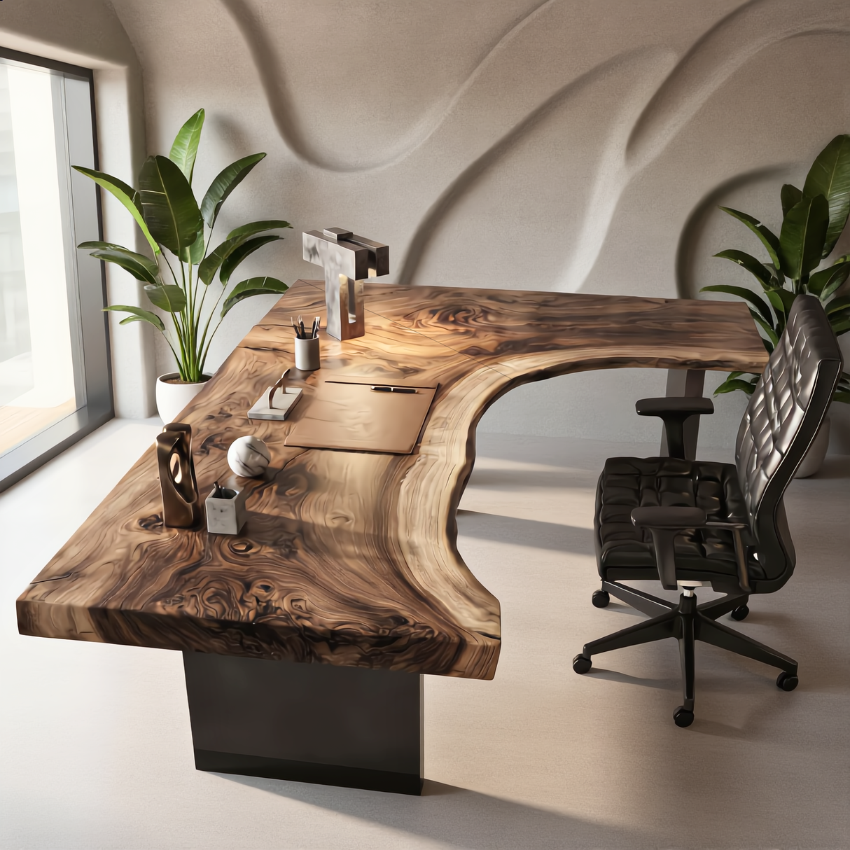 Live Edge Solid Wood Desk with Sculptural Cutout Design
