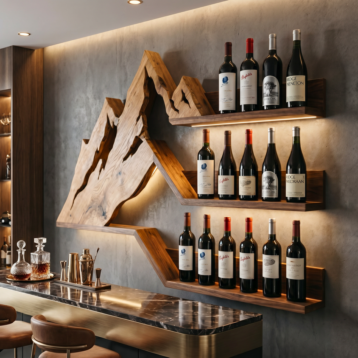 Mountain Range Inspired Solid Wood Wine Rack Wall Shelf