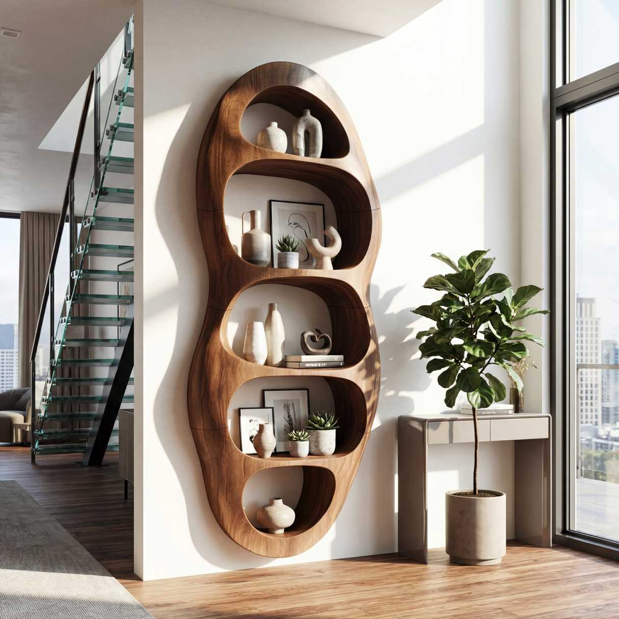 Vertical Organic Wood Bookcase with Sculpted Open Niches