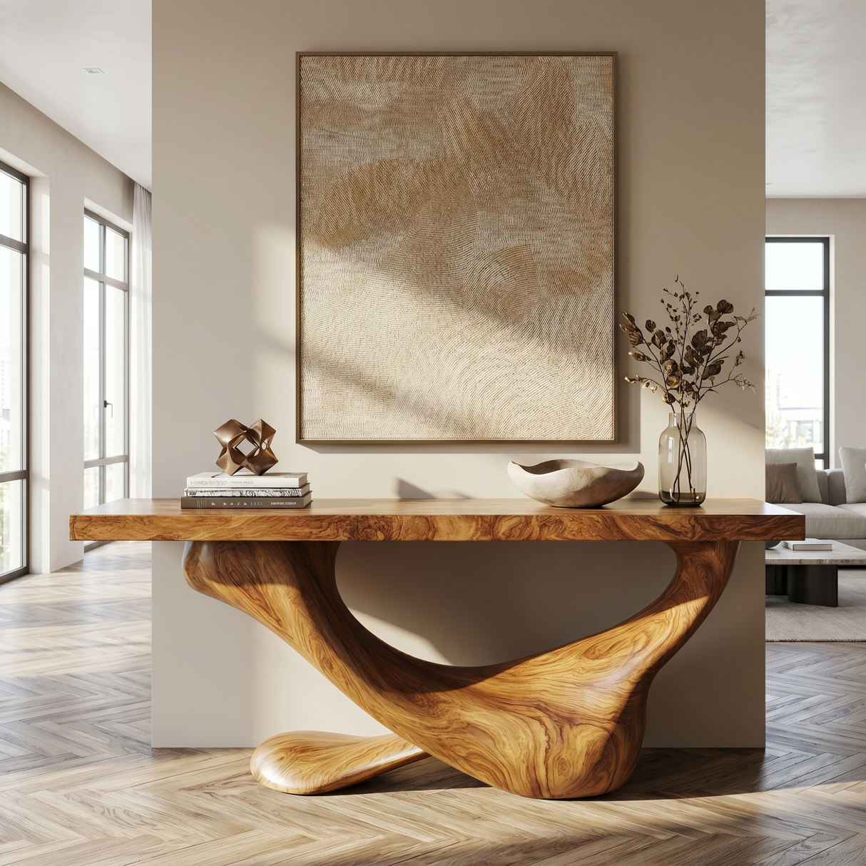 Console Table Solid Wood with Asymmetric Crescent Loop Base for Entryway Decor