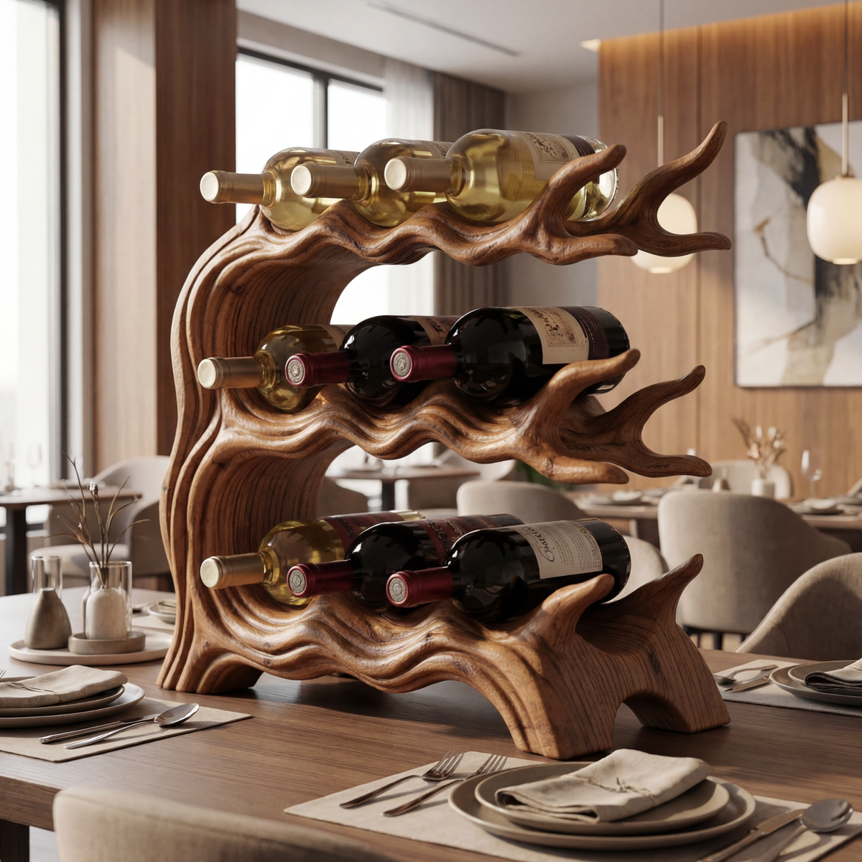 Tiered Solid Wood Wine Rack with Sculptural Wave Form Organic Bottle Holder Tabletop Display