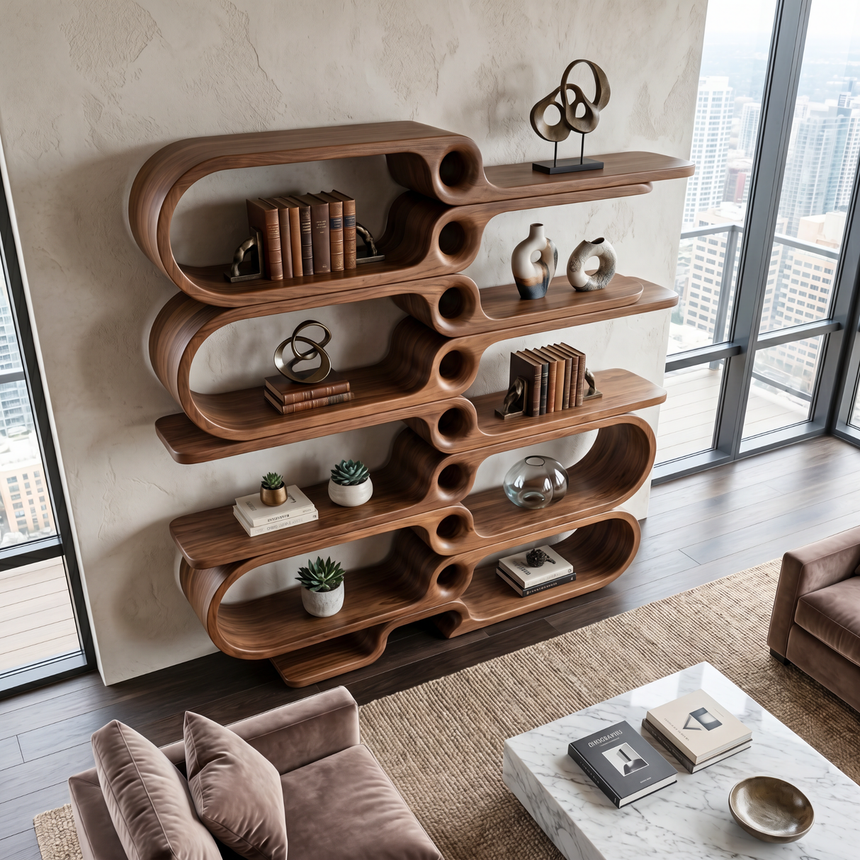 Sculptural Bookshelf Design Handmade Organic Modern Display Shelf Contemporary Storage Unit