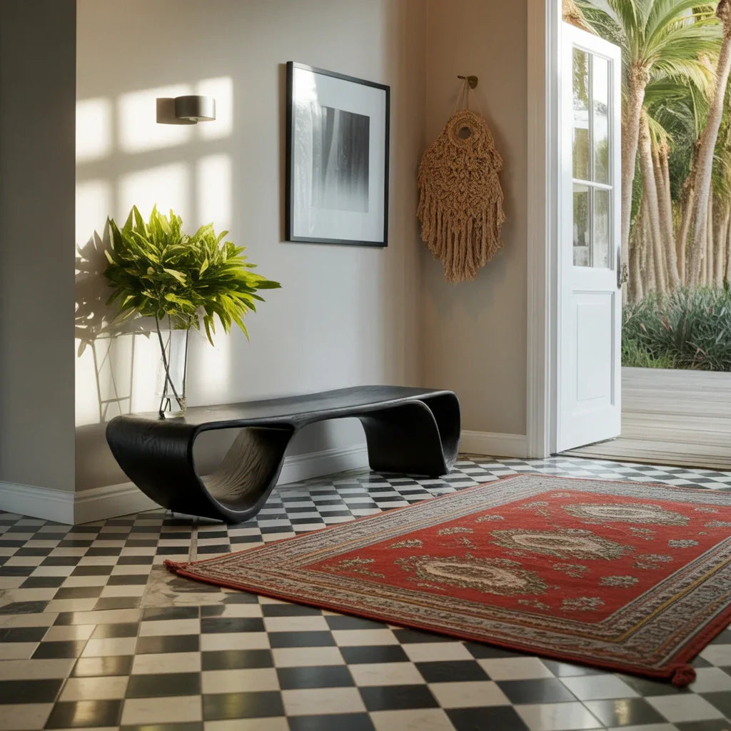 Curved Solid Wood Bench with Open Arch Base for Modern Hallway